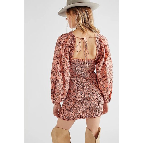 FREE PEOPLE Smock It To Me Mini Dress / Apricot Combo NWT - Picture 2 of 14
